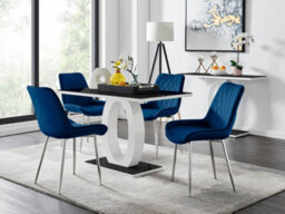 Furniturebox Giovani Rectangular 4 Seat White High Gloss Unique Halo Base Dining Table Black Glass Top 4 Navy Velvet Silver Leg Pesaro Chairs