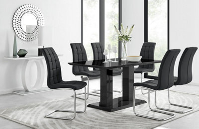 Furniturebox Imperia Black High Gloss 6 Seater Dining Table With Structural 2 Plinth Column Legs 6 Black Padded Faux Leather Murano Chairs - image 1