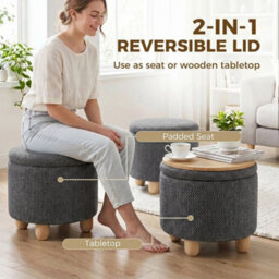 Round Storage Ottoman With Reversible Lid, Dark Grey - thumbnail 6