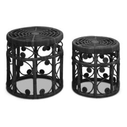 Orsina Elegant Set Of Two Black Natural Rattan Tables, Round Coffee Table, Sturdy Side Table, Versatile Small Table