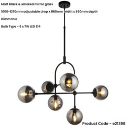 Loops Matt Black Semi Flush Low Ceiling Light - Smoked Mirror Glass Shade - 6X 7W Led E14 - thumbnail 2