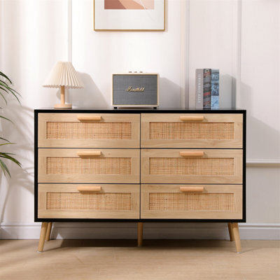 Furniturehmd 6 Drawers Ratten Wide Chest,storage Sideboard Cabinet,organiser Unit For Bedroom,living Room,hallway - image 1