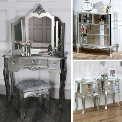 Melody Maison Silver Mirrored Bedroom Furniture, Chest Of Drawers, Dressing Table Set & Bedside Tables - Tiffany Range - image 1