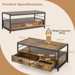Costway Wooden Coffee Table W/ Storage Drawers Rectangular Center Cocktail Table - thumbnail 3