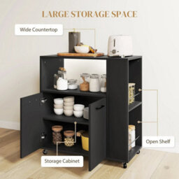 Kitchen Island On Wheels With 2-Door Cabinet And Spice Rack, Black - thumbnail 6