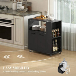 Kitchen Island On Wheels With 2-Door Cabinet And Spice Rack, Black - thumbnail 5