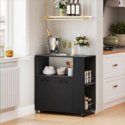 Kitchen Island On Wheels With 2-Door Cabinet And Spice Rack, Black - thumbnail 2