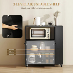 Kitchen Island On Wheels With 2-Door Cabinet And Spice Rack, Black - thumbnail 4