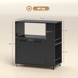 Kitchen Island On Wheels With 2-Door Cabinet And Spice Rack, Black - thumbnail 3