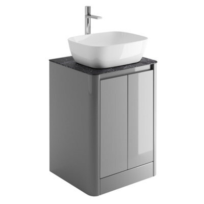 Plum&clay Mayfair Gloss Light Grey Freestanding Bathroom Vanity Unit With Black Slate Countertop (W)550mm (H)745mm - image 1