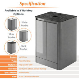 Plum&clay Mayfair Gloss Light Grey Freestanding Bathroom Vanity Unit With Black Slate Countertop (W)550mm (H)745mm - thumbnail 5