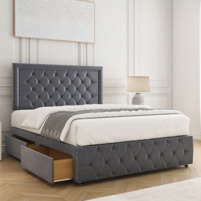 Bsspoke Lena Divan Bed Set Steel Plush Velvet With 24Inch Headboard & Footboard & 4 Drawers & Mattress In All Sizes - image 1