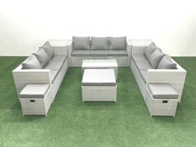 Fimous Rattan Garden Outdoor Furniture Set 12 Seater Garden Sofa Coffee Table Set 3 Stools 2 Side Tables Light Grey - image 1