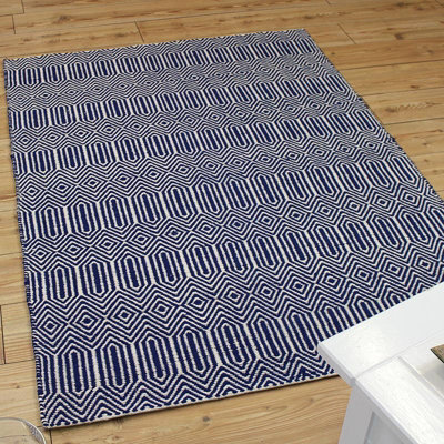 Blue Geometric Handmade Modern Wool Easy To Clean Rug Dining Room Bedroom And Living Room-66 X 200Cm (Runner) - image 1