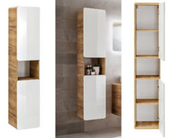 Impact Furniture Wall Hung Bathroom Cabinets Furniture Set 600mm Vanity Sink Unit With Oak Countertop Tall Storage Cabinets White Gloss Aruba - thumbnail 8