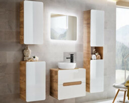 Impact Furniture Wall Hung Bathroom Cabinets Furniture Set 600mm Vanity Sink Unit With Oak Countertop Tall Storage Cabinets White Gloss Aruba - thumbnail 1