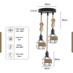 Ceiling Light Fitting 3 Way Hemp Rope Lampshades With 1M Adjustable Hanging Pendant Lamp - thumbnail 3