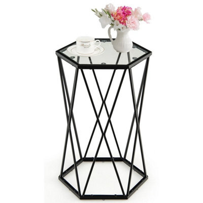 Glass Coffee Table Hexagonal Metal Frame Couch Side Table Contemporary Narrow - image 1