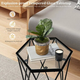Glass Coffee Table Hexagonal Metal Frame Couch Side Table Contemporary Narrow - thumbnail 3