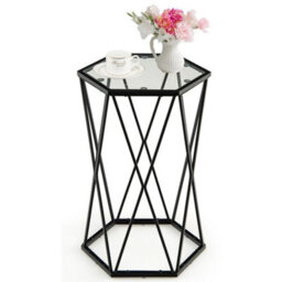 Glass Coffee Table Hexagonal Metal Frame Couch Side Table Contemporary Narrow - thumbnail 1