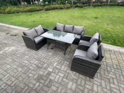 Fimous 7 Seater Dark Grey Pe Rattan Garden Furniture Set Reclining Chair Love Seat 3 Seater Sofa Set Outdoor Dining Table - thumbnail 2