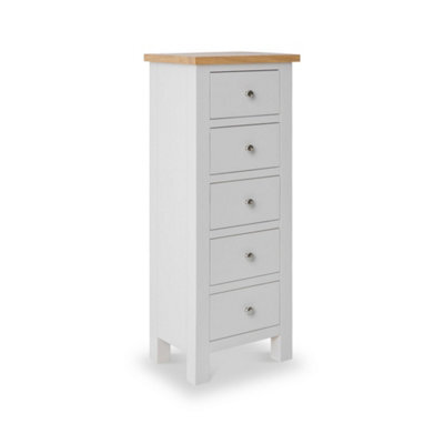 Farro Grey 5 Drawer Tallboy Chest Fully Assembled - Painted With Oak Top By Roseland Furniture - image 1