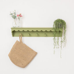 Melody Maison Green Painted Scalloped Edge Coat Peg Rail Hooks With Shelf - 80Cm