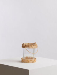 Orsina Natural Rattan Small Lantern, Rustic And Stylish Glass Lantern, White Metal And Clear Glass Candle Lantern - thumbnail 3