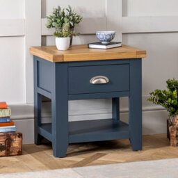 The Furniture Market Westbury Blue Painted 1 Drawer Lamp Table Versatile Bedside Or Sofa Side Table Solid Wood With Light Oak Top - thumbnail 1
