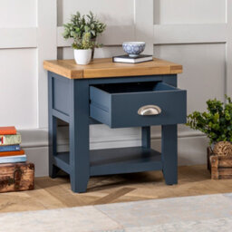The Furniture Market Westbury Blue Painted 1 Drawer Lamp Table Versatile Bedside Or Sofa Side Table Solid Wood With Light Oak Top - thumbnail 2