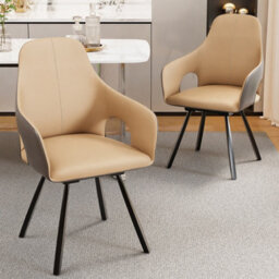Fativo 2 X Rotatable Dining Chairs Padded Two-Tone Microfiber Leather Upholstered Seat, Khaki+Grey - thumbnail 9