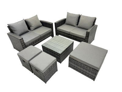 Fimous Pe Rattan Garden Furniture Set Lounge Double Seat Sofa Coffee Table Set With 3 Stools Dark Grey Mixed - image 1