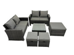 Fimous Pe Rattan Garden Furniture Set Lounge Double Seat Sofa Coffee Table Set With 3 Stools Dark Grey Mixed - thumbnail 2
