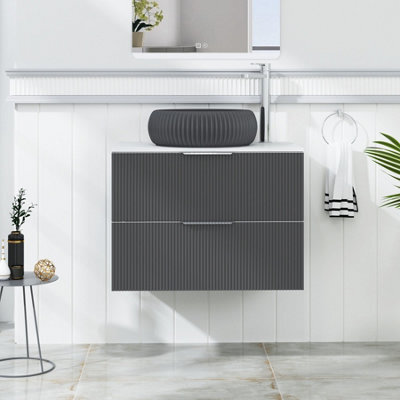 Royal Bathrooms Evora 700mm Graphite Grey Fluted Wall Hung Countertop Vanity Unit 2 Drawer With Milan Black Basin - image 1