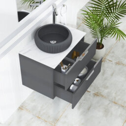 Royal Bathrooms Evora 700mm Graphite Grey Fluted Wall Hung Countertop Vanity Unit 2 Drawer With Milan Black Basin - thumbnail 3