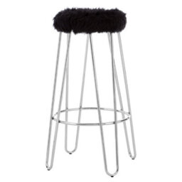 Orsina Versatile Chrome Metal And Black Faux Fur Bar Stool, Hairpin Round Stool, Plush Stool For Kitchen Counter - thumbnail 2