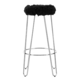 Orsina Versatile Chrome Metal And Black Faux Fur Bar Stool, Hairpin Round Stool, Plush Stool For Kitchen Counter - thumbnail 1