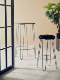 Orsina Versatile Chrome Metal And Black Faux Fur Bar Stool, Hairpin Round Stool, Plush Stool For Kitchen Counter - thumbnail 6