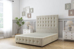 "Sloomy Berlin Cream Plush Divan Bed Base 2 Drawers Left Side-26"" Strutted Headboard & 12"" Footboard 4' Small Double"