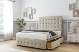 "Sloomy Berlin Cream Plush Divan Bed Base 2 Drawers Left Side-26"" Strutted Headboard & 12"" Footboard 4' Small Double" - thumbnail 4