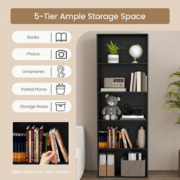 Black 5Tier Bookshelf Open Bookcase Freestanding Display Shelf For Living Room - thumbnail 5
