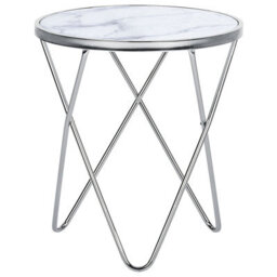 Beliani Side Table Meridian Tempered Glass Marble/ Silver