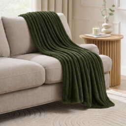 Ohs Faux Fur Ribbed Fleece Throw Blanket Winter Warm Supersoft - 150 X 200Cm - Woodland Green - thumbnail 1