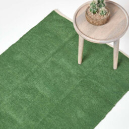 Homescapes Dark Olive 100% Cotton Plain Chenille Rug With Natural Trim, 45 X 70 Cm