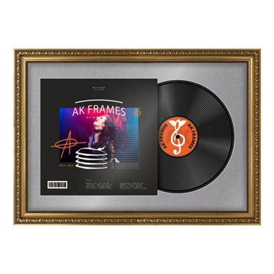 "AK Frames 25X17"" Gold Ornate Vinyl Record Frame With Mid Grey Mount For 12 Inch Lp Cover & Disc - Overlapped Design" - image 1
