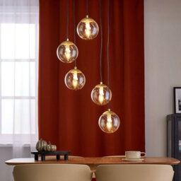 Wyld And Coco Novalux 5-Light Pendant Lamp, Smoked Glass Shades, Gold Details, Matte Black Base - 35Cm Dia, 143Cm Drop - thumbnail 2