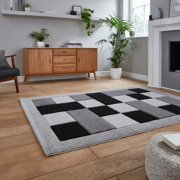 Grey Rug Geometric Bordered Chequered Polypropylene Rug For Living Room Bedroom And Dining Room-120Cm X 170Cm - thumbnail 2