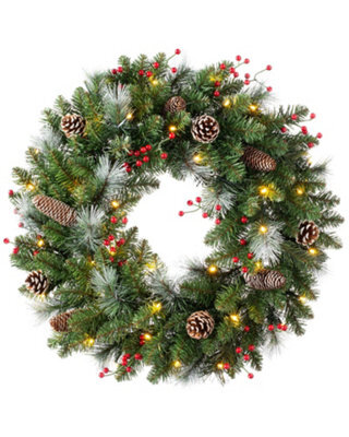 Werchristmas 60 Cm Pre-Lit Frosted Artificial Christmas Wreath With Pinecones And Red Berries, 40 Warm White Leds - image 1