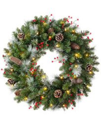 Werchristmas 60 Cm Pre-Lit Frosted Artificial Christmas Wreath With Pinecones And Red Berries, 40 Warm White Leds - thumbnail 1