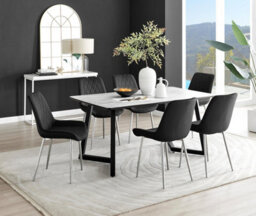 Furniturebox Uk Carson White Marble Effect Dining Table & 6 Black Pesaro Silver Chairs